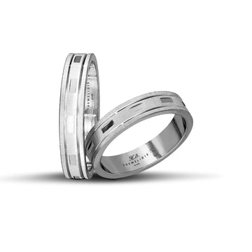 Πρωτότυπες βέρες γάμου λευκόχρυσες σαγρέ με λουστρέ γεωμετρικά σχέδια, πλάτους 4.5 mm